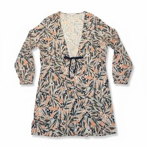 Floral Leaf Print Swim Coverup with Tie Detail